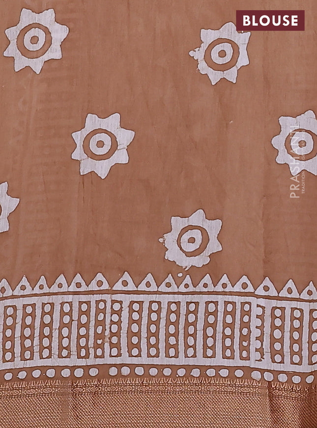Semi chanderi saree dark sandal and off white with batik prints and zari woven border