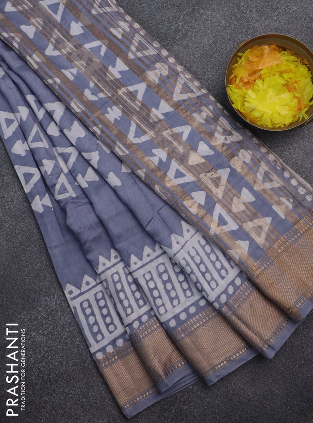 Semi chanderi saree grey and off white with batik prints and zari woven border