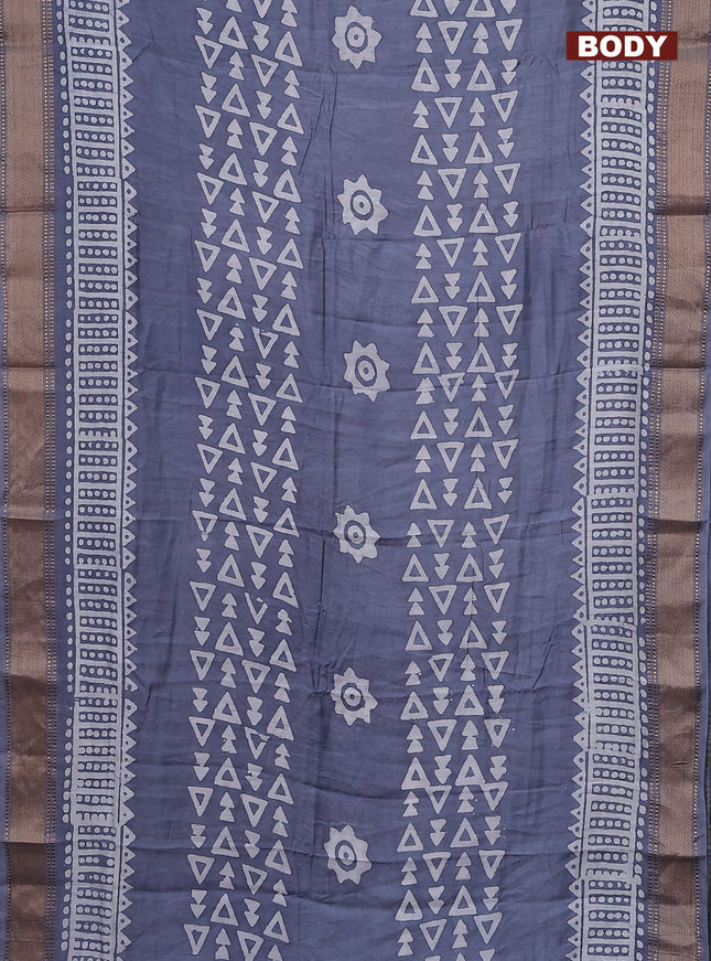 Semi chanderi saree grey and off white with batik prints and zari woven border