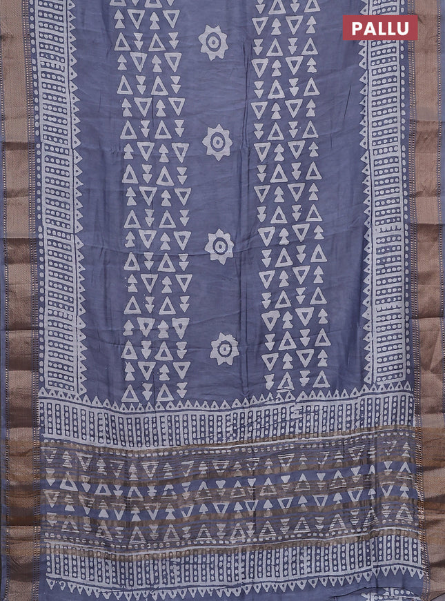 Semi chanderi saree grey and off white with batik prints and zari woven border