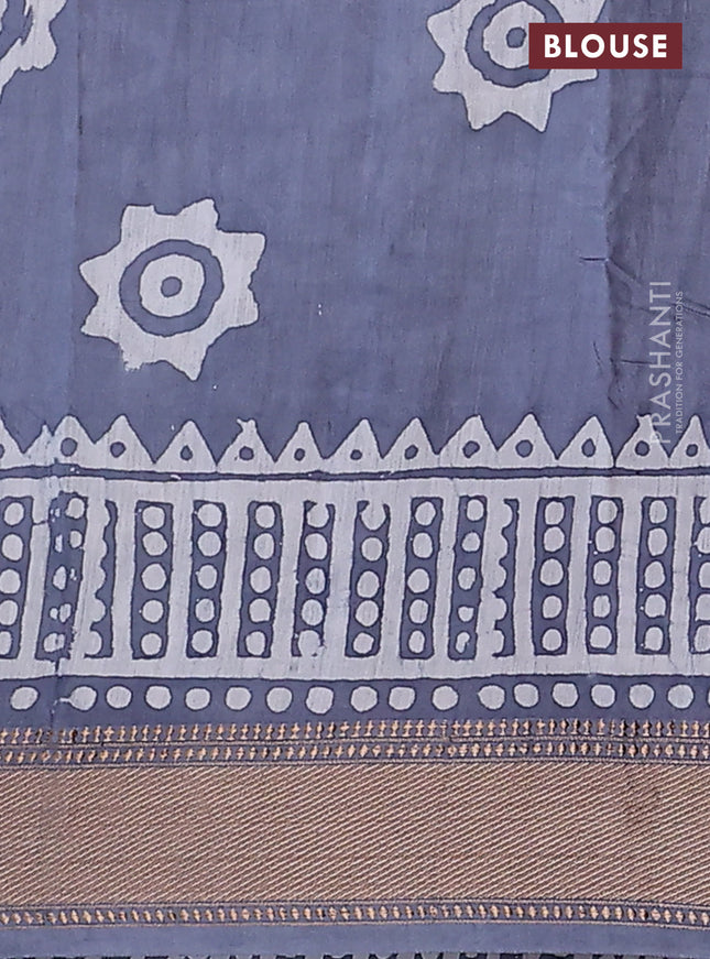 Semi chanderi saree grey and off white with batik prints and zari woven border