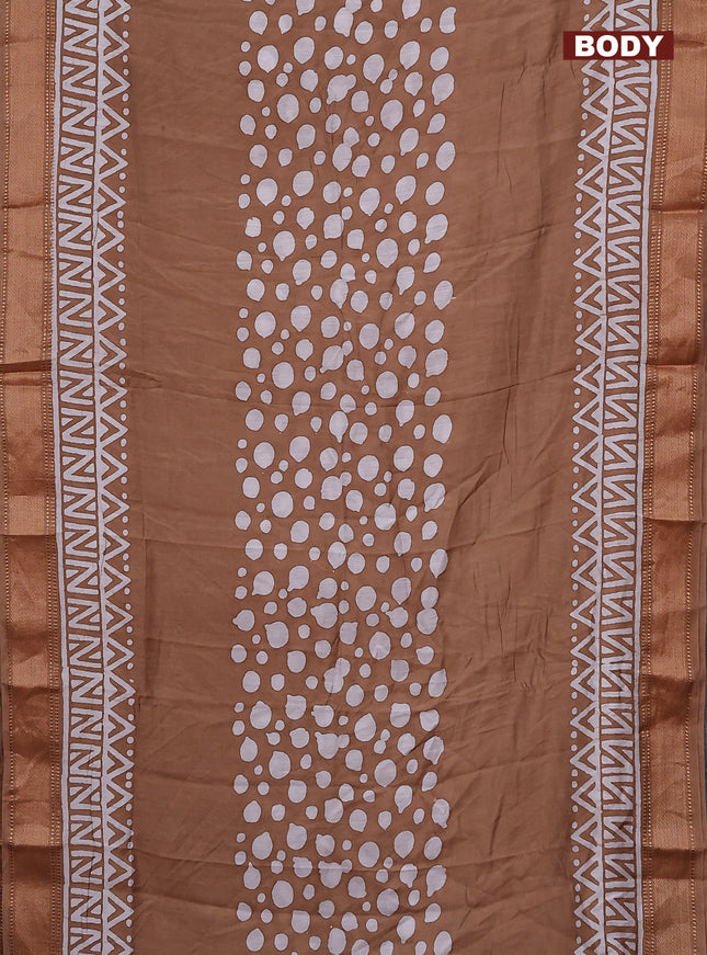 Semi chanderi saree dark sandal and off white with batik prints and zari woven border