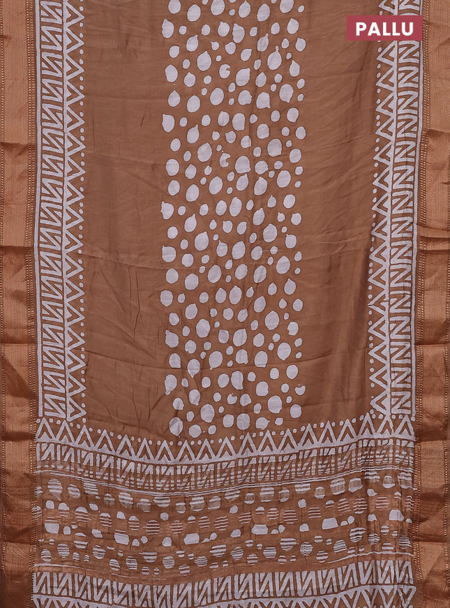 Semi chanderi saree dark sandal and off white with batik prints and zari woven border