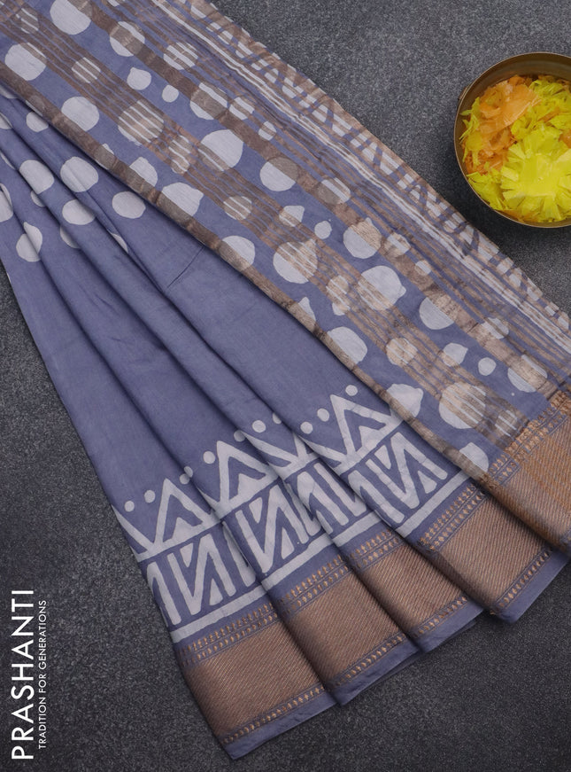 Semi chanderi saree grey and off white with batik prints and zari woven border