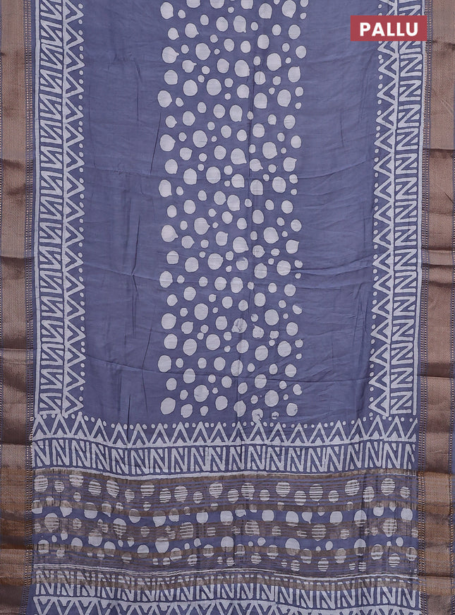 Semi chanderi saree grey and off white with batik prints and zari woven border