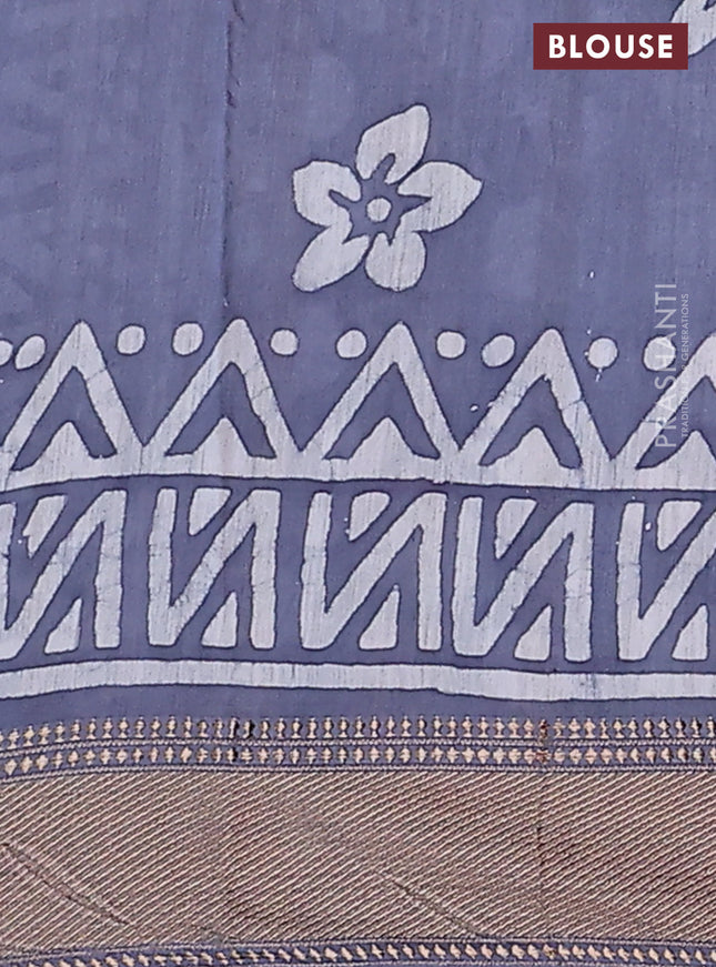 Semi chanderi saree grey and off white with batik prints and zari woven border