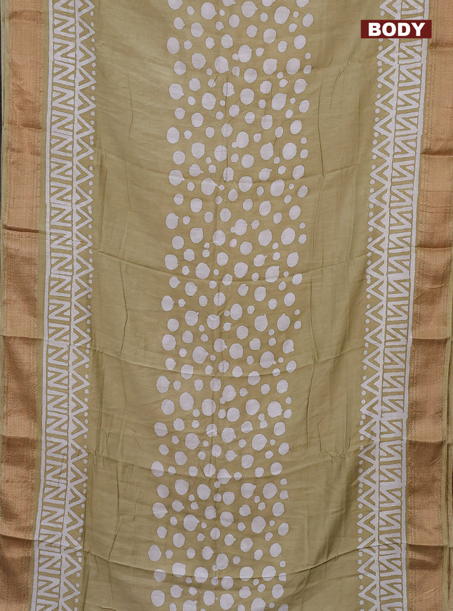 Semi chanderi saree sandal and off white with batik prints and zari woven border