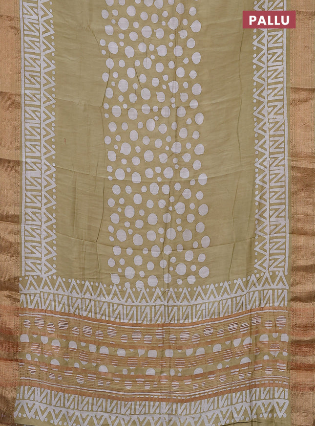 Semi chanderi saree sandal and off white with batik prints and zari woven border