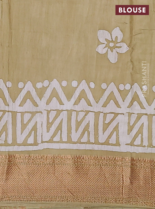 Semi chanderi saree sandal and off white with batik prints and zari woven border