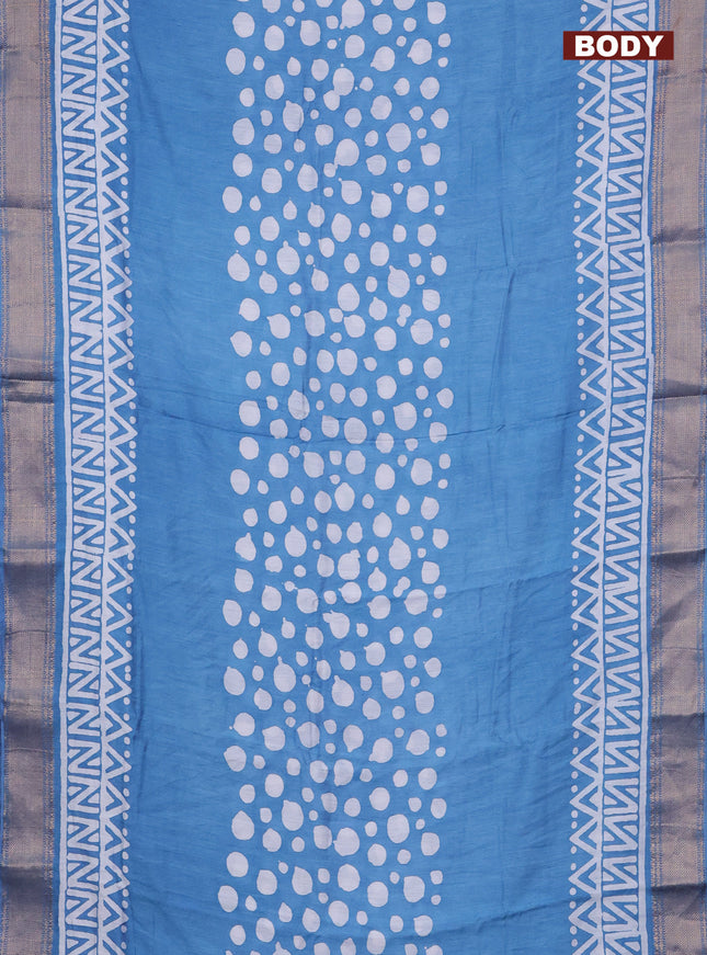 Semi chanderi saree blue and off white with batik prints and zari woven border