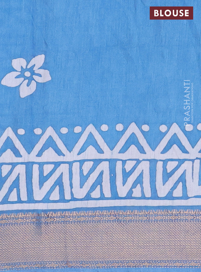 Semi chanderi saree blue and off white with batik prints and zari woven border