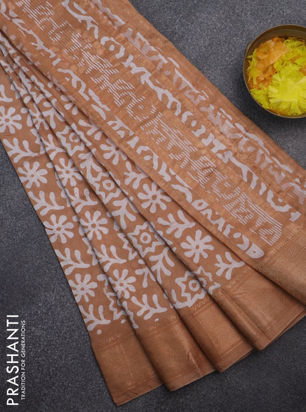 Semi chanderi saree dark sandal and off white with allover batik prints and zari woven border