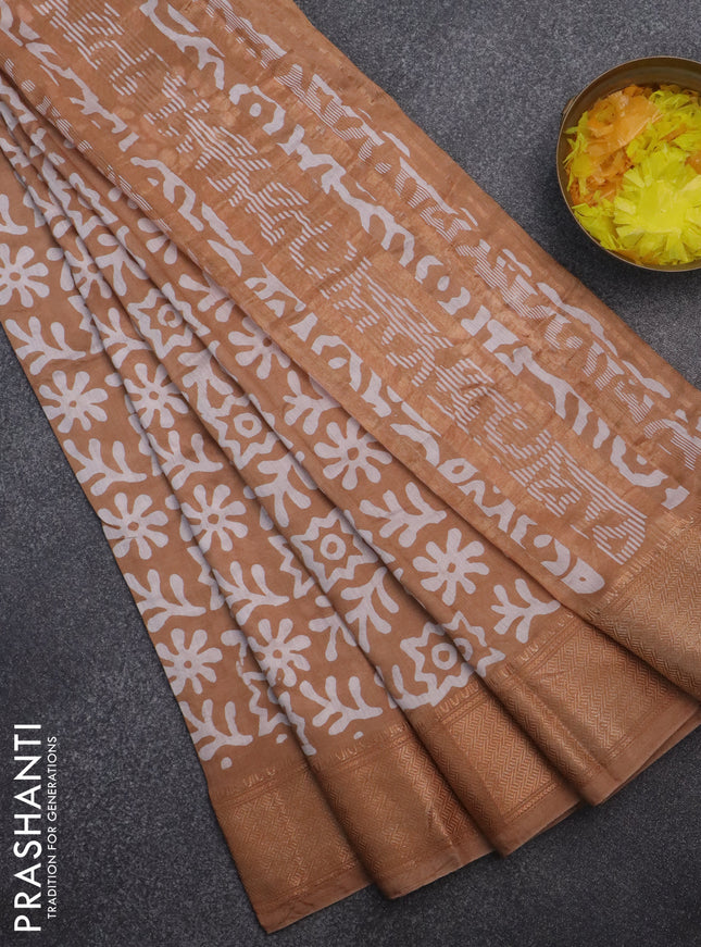 Semi chanderi saree dark sandal and off white with allover batik prints and zari woven border