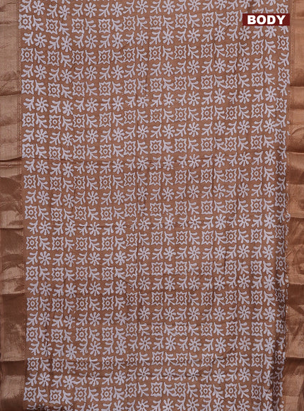 Semi chanderi saree dark sandal and off white with allover batik prints and zari woven border