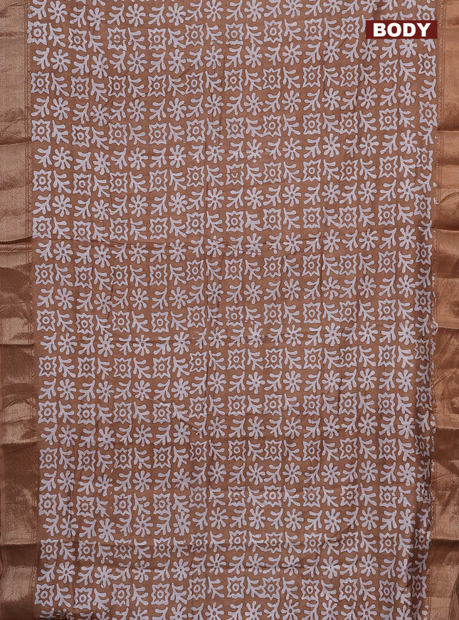 Semi chanderi saree dark sandal and off white with allover batik prints and zari woven border