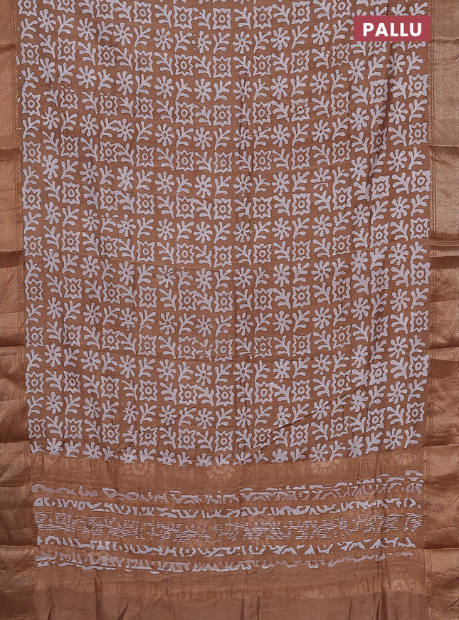 Semi chanderi saree dark sandal and off white with allover batik prints and zari woven border