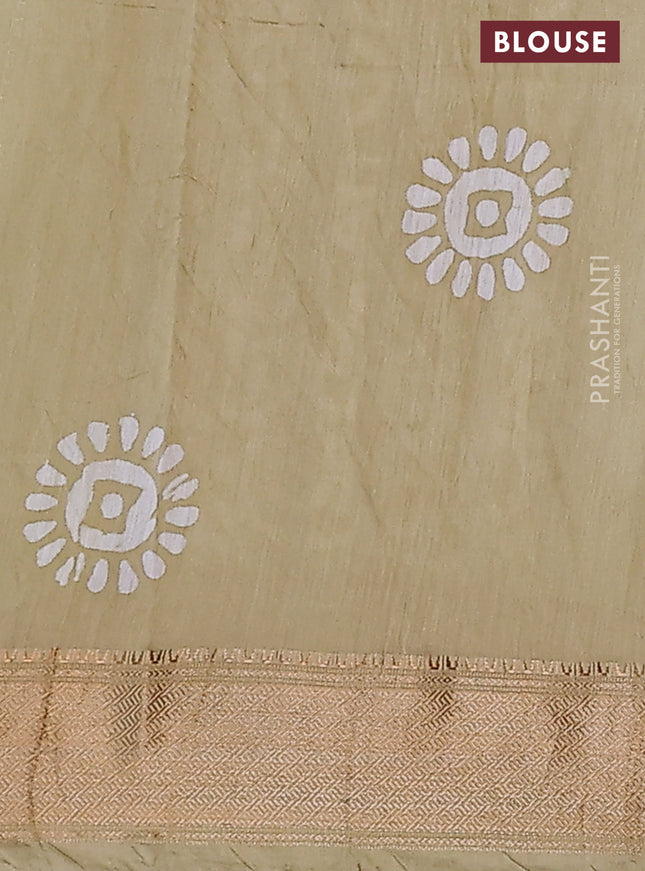 Semi chanderi saree sandal and off white with allover batik prints and zari woven border