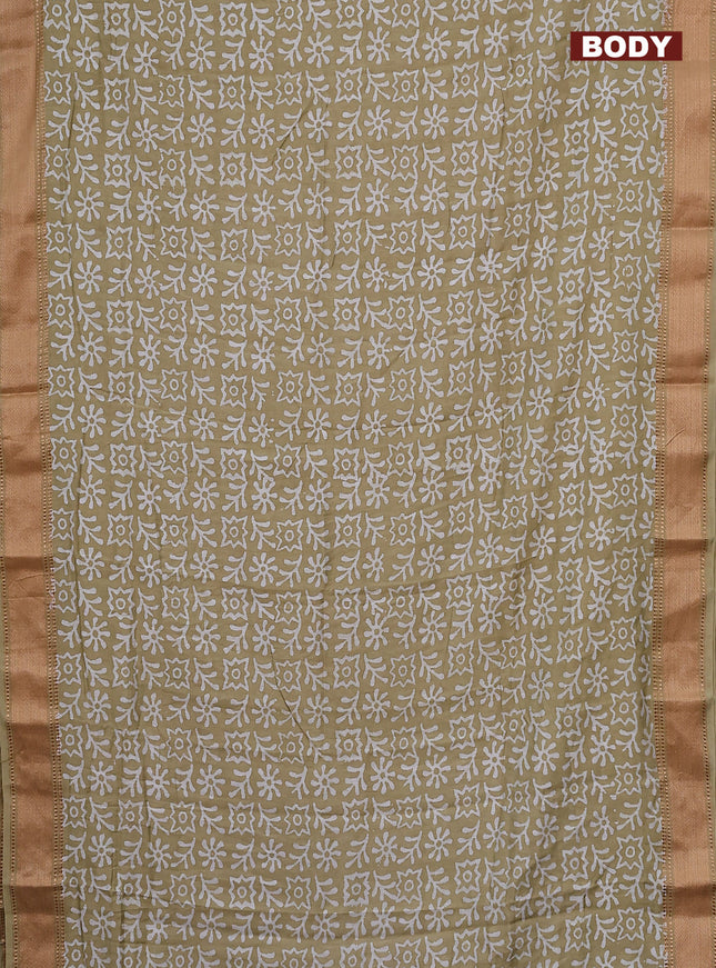 Semi chanderi saree sandal and off white with allover batik prints and zari woven border