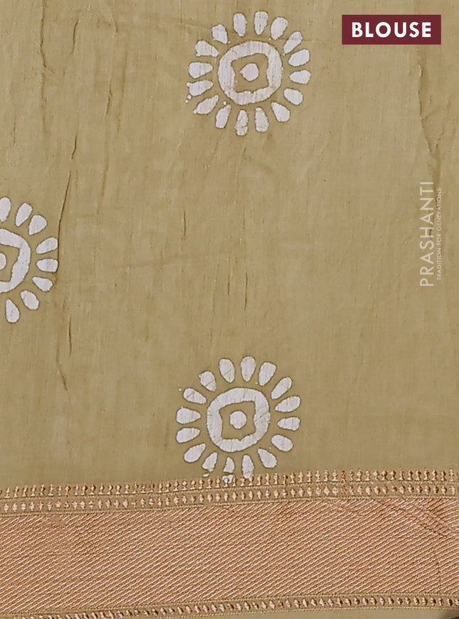 Semi chanderi saree sandal and off white with allover batik prints and zari woven border