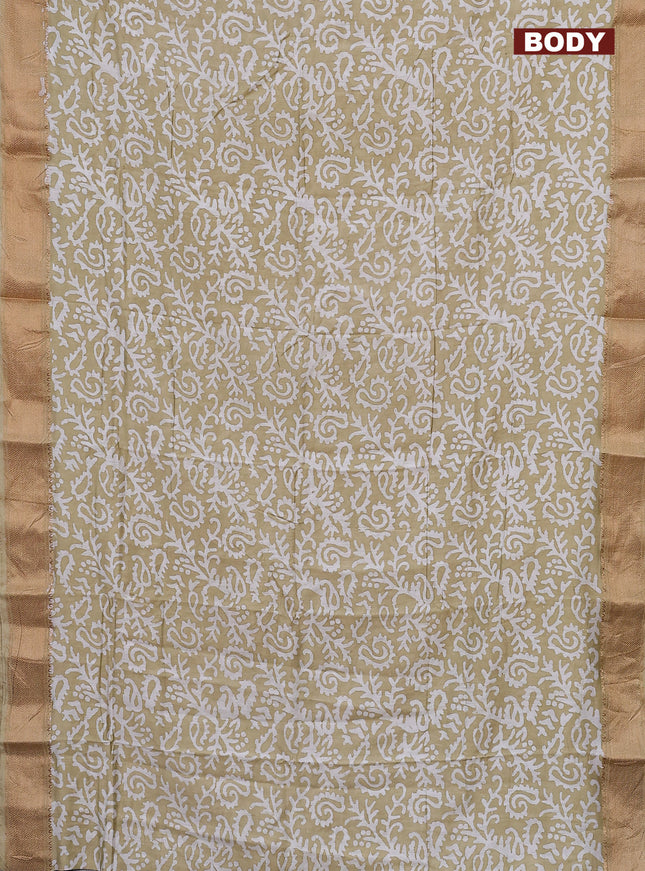 Semi chanderi saree sandal and off white with allover batik prints and zari woven border