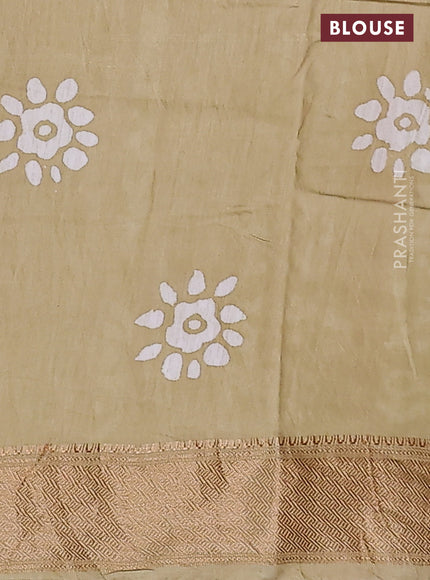 Semi chanderi saree sandal and off white with allover batik prints and zari woven border