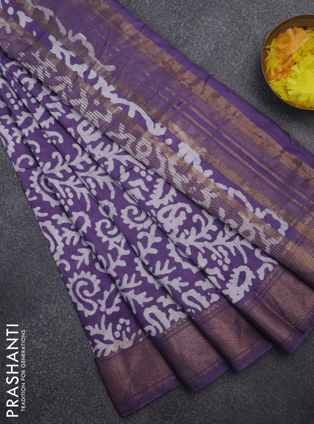 Semi chanderi saree violet and off white with allover batik prints and zari woven border