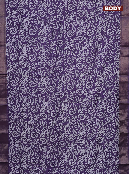 Semi chanderi saree violet and off white with allover batik prints and zari woven border