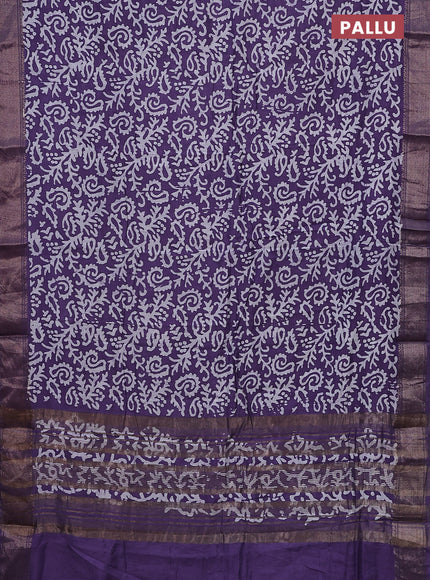 Semi chanderi saree violet and off white with allover batik prints and zari woven border