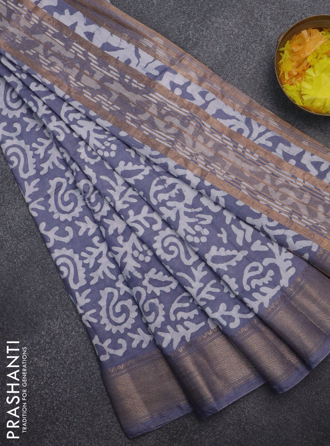 Semi chanderi saree grey and off white with allover batik prints and zari woven border
