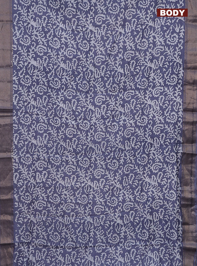 Semi chanderi saree grey and off white with allover batik prints and zari woven border