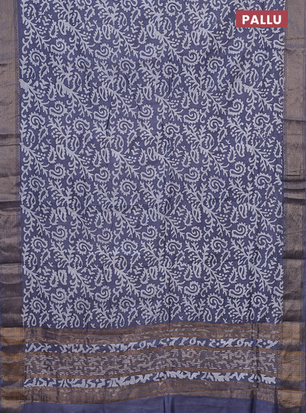 Semi chanderi saree grey and off white with allover batik prints and zari woven border