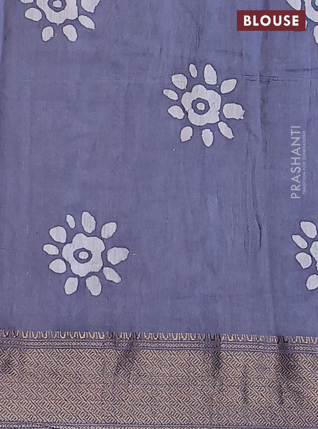 Semi chanderi saree grey and off white with allover batik prints and zari woven border