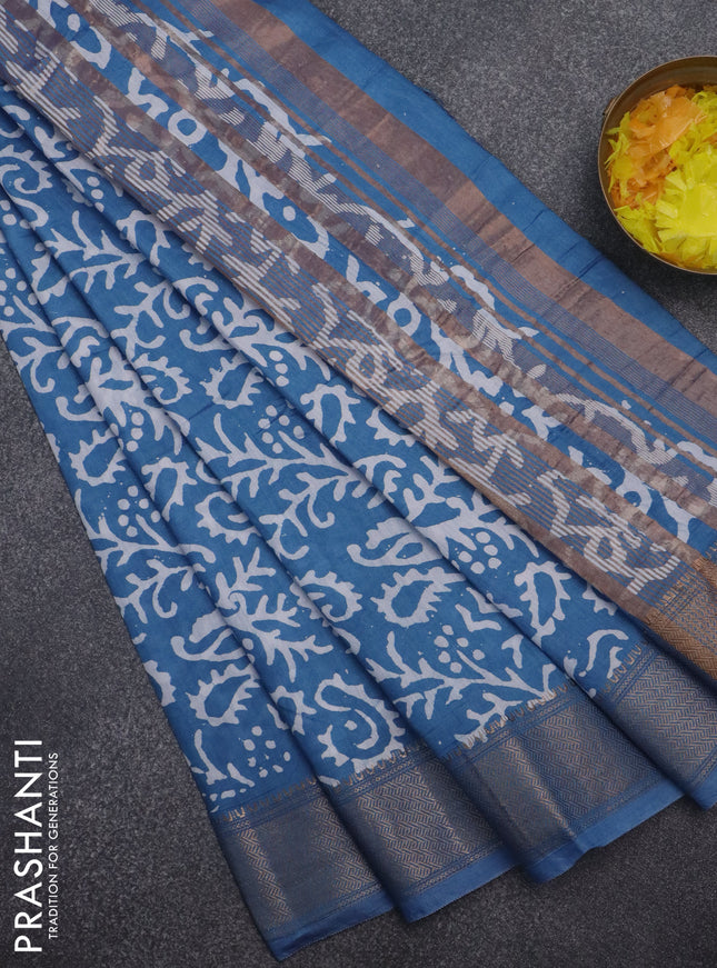 Semi chanderi saree blue and off white with allover batik prints and zari woven border
