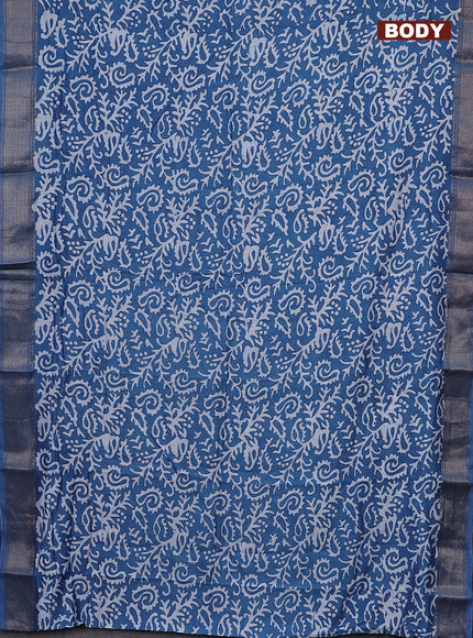 Semi chanderi saree blue and off white with allover batik prints and zari woven border