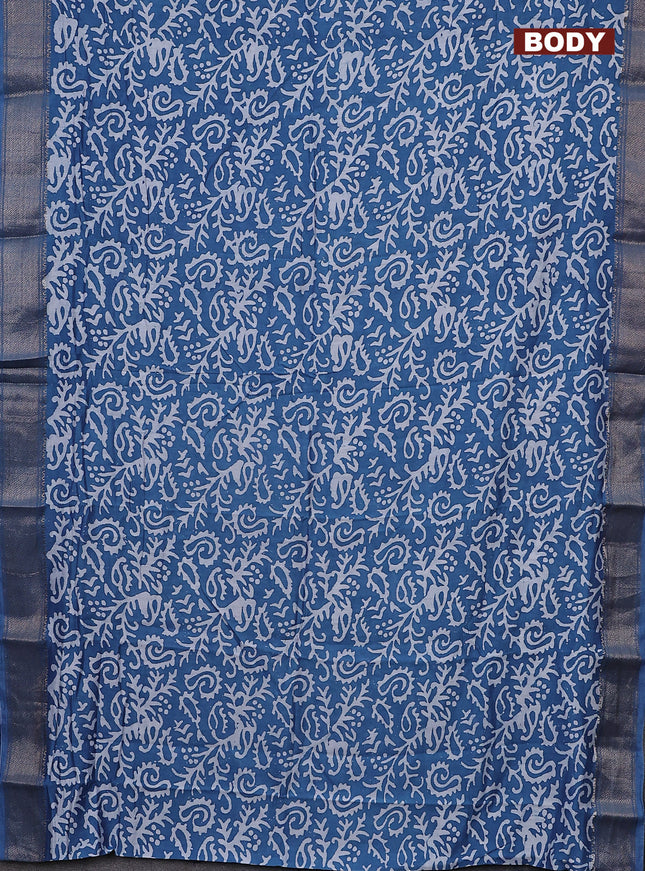 Semi chanderi saree blue and off white with allover batik prints and zari woven border