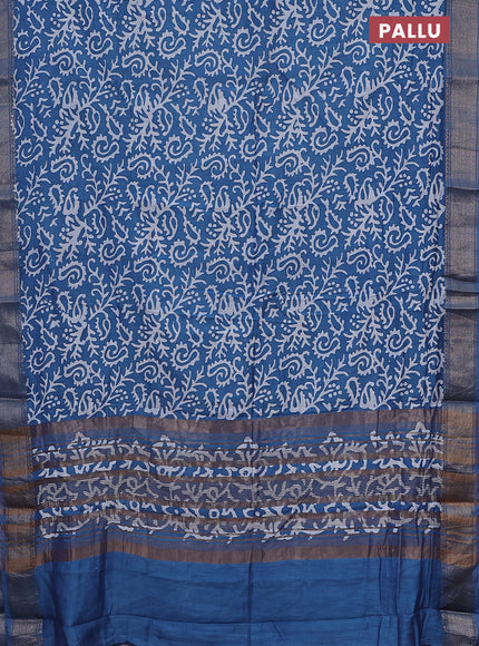 Semi chanderi saree blue and off white with allover batik prints and zari woven border