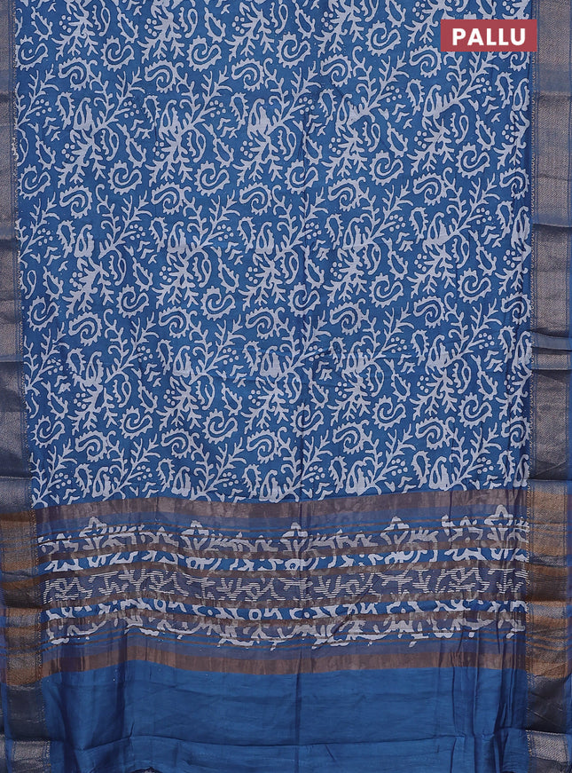 Semi chanderi saree blue and off white with allover batik prints and zari woven border