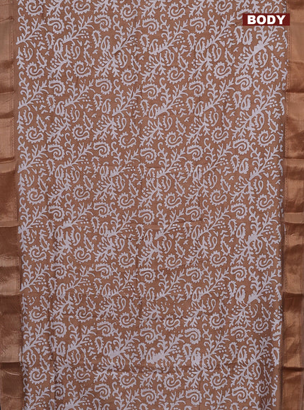 Semi chanderi saree dark sandal and off white with allover batik prints and zari woven border