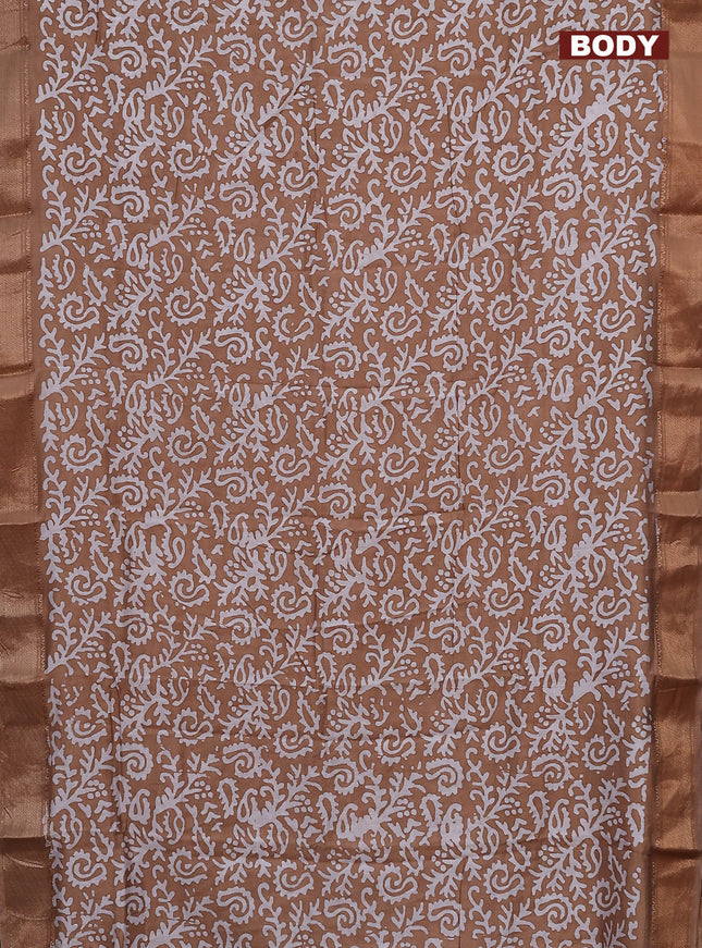 Semi chanderi saree dark sandal and off white with allover batik prints and zari woven border