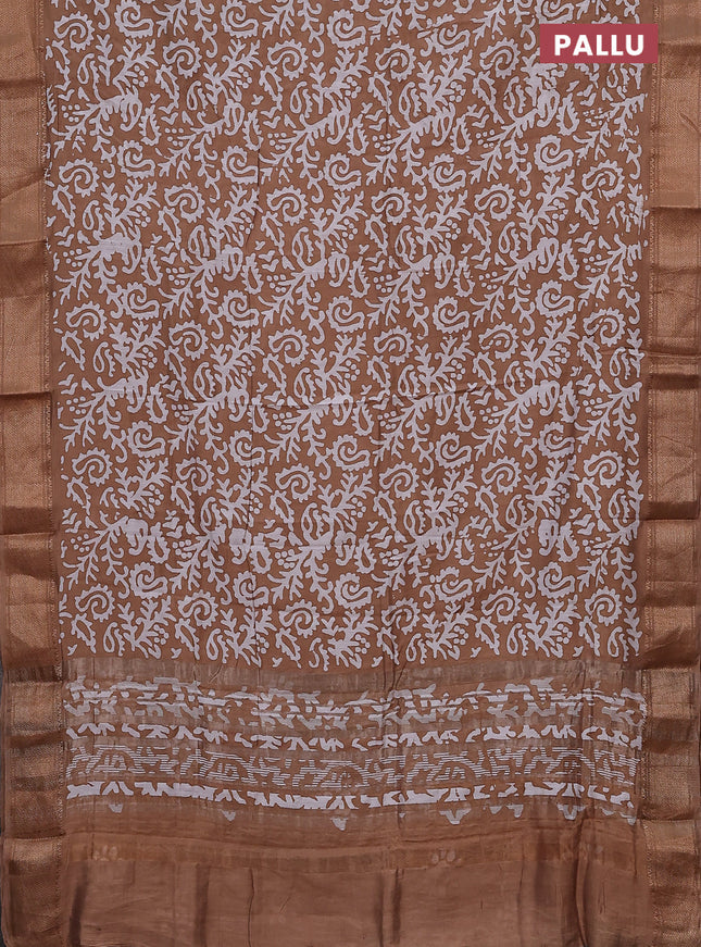 Semi chanderi saree dark sandal and off white with allover batik prints and zari woven border