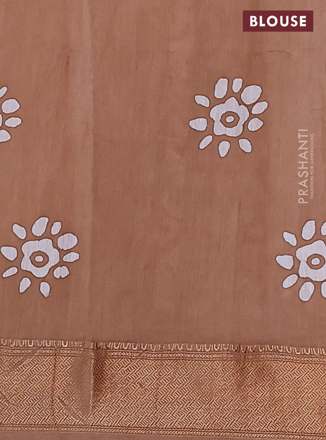 Semi chanderi saree dark sandal and off white with allover batik prints and zari woven border