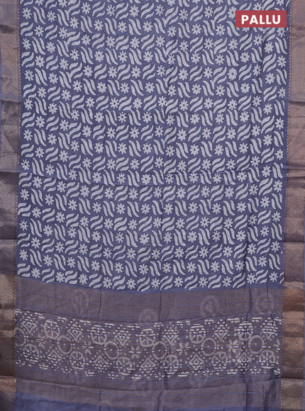 Semi chanderi saree grey and off white with allover batik prints and zari woven border
