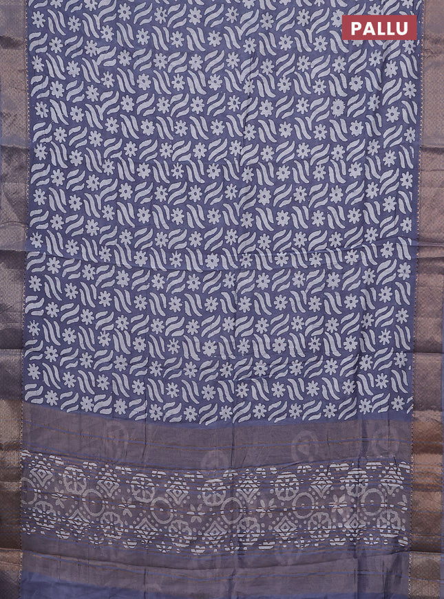 Semi chanderi saree grey and off white with allover batik prints and zari woven border