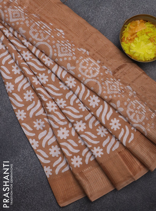 Semi chanderi saree dark sandal and off white with allover batik prints and zari woven border
