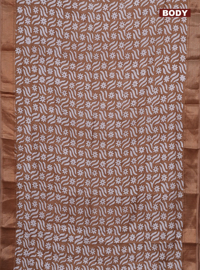 Semi chanderi saree dark sandal and off white with allover batik prints and zari woven border