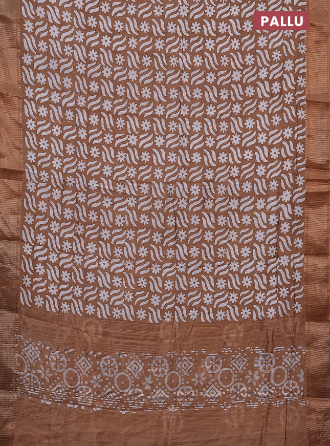 Semi chanderi saree dark sandal and off white with allover batik prints and zari woven border