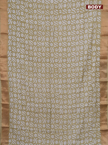 Semi chanderi saree sandal and off white with allover batik prints and zari woven border