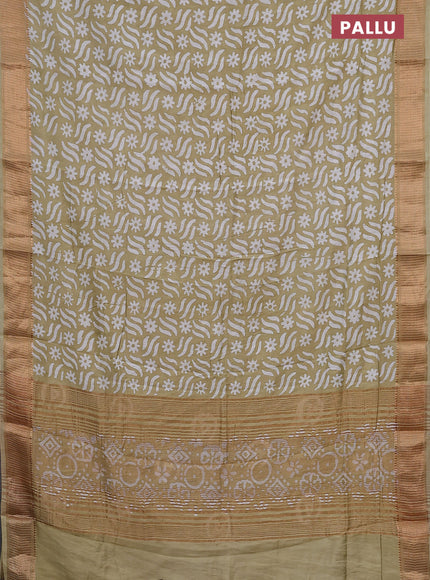 Semi chanderi saree sandal and off white with allover batik prints and zari woven border