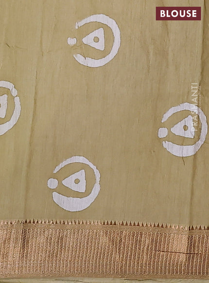 Semi chanderi saree sandal and off white with allover batik prints and zari woven border