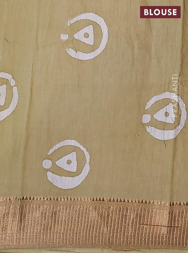 Semi chanderi saree sandal and off white with allover batik prints and zari woven border